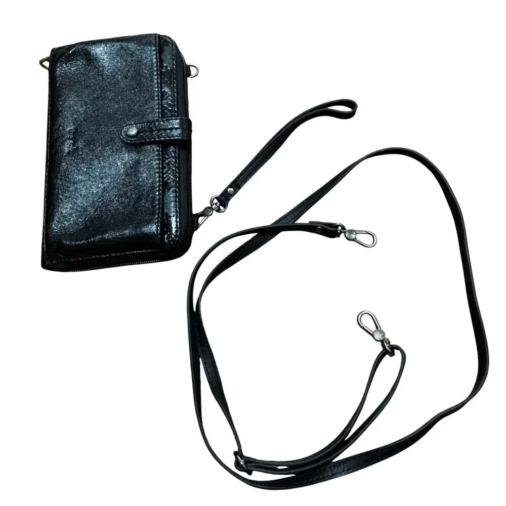 THE SAK black leather clutch purse wristlet crossbody bag zip around wallet